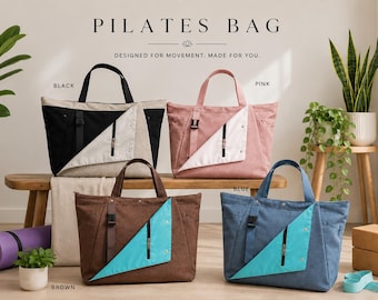 May include: Four tote bags labeled Pilates Bag, each featuring a triangular front pocket with a vertical zipper and a side buckle strap. The bags are available in black, pink, brown, and blue, with contrasting pocket colors and dual handles.