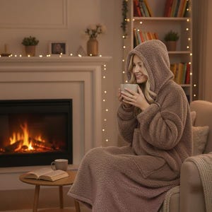 May include: A cozy brown hooded blanket is worn while sitting in a chair. The blanket has a soft, plush texture. A fireplace and a bookshelf are in the background, creating a warm and inviting atmosphere.