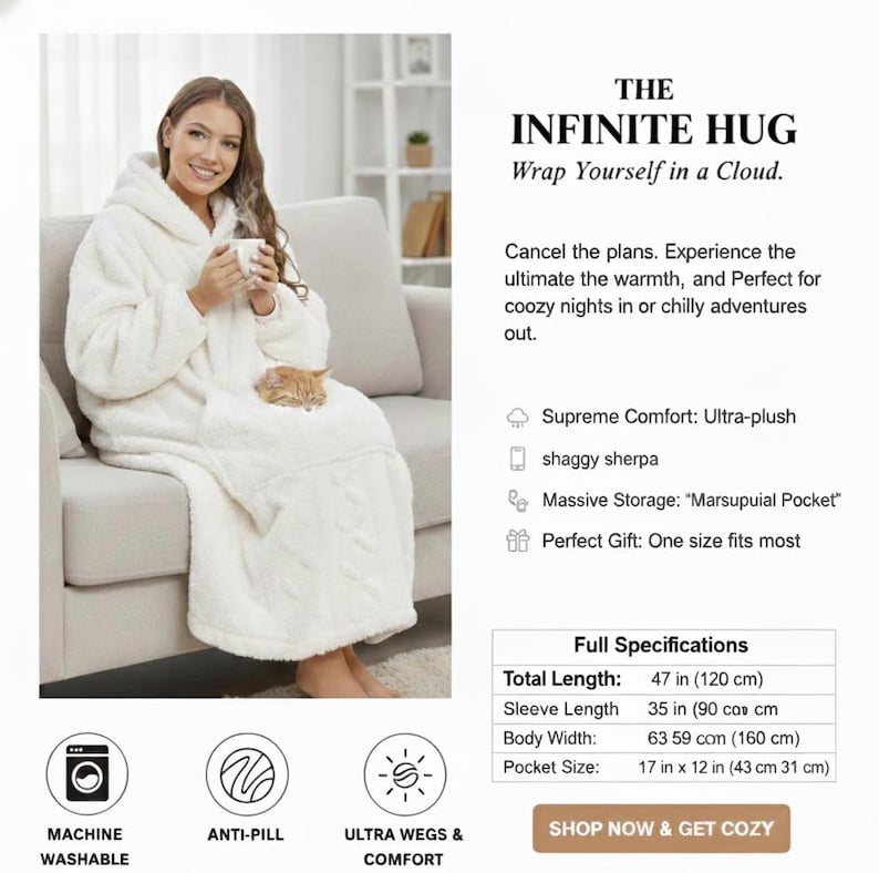 May include: A woman is seated on a couch, wrapped in a white, hooded blanket. The blanket has a large pocket and is made of ultra-plush, shaggy sherpa material. The text on the image reads "THE INFINITE HUG".
