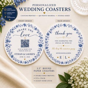 May include: Two round 3.5-inch paper coasters with blue floral borders. The front features a QR code, the text SHARE THE LOVE, ETHAN & LAUREN, and JUNE 21, 2026. The back displays thank you, FOR CELEBRATING THIS SPECIAL DAY WITH US!, and E L.