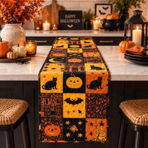Könnte beinhalten: Ein gesteppter Tischläufer mit einem wiederkehrenden Patchwork-Muster aus schwarzen Katzen, orangefarbenen Kürbissen, Fledermäusen, Sternen und Spukhaus-Silhouetten in Schwarz und Orange, der über eine weiße Küchenarbeitsplatte drapiert ist.
