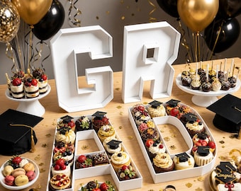 GRAD Fillable Cardboard Letter Trays, Graduation Charcuterie Board Letters, White Food Serving Boxes, Dessert Candy Snack Trays, Grad Party
