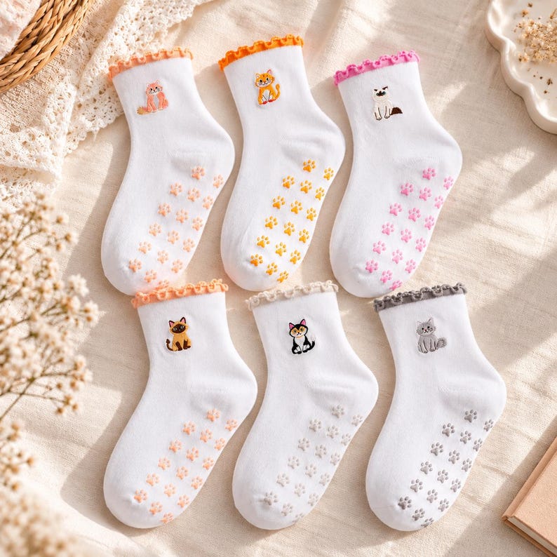 Puede incluir: Seis calcetines blancos de tobillo con bordes fruncidos, cada uno con un peque&ntilde;o gato bordado y huellas antideslizantes a juego en la suela. Los gatos y las huellas vienen en colores naranja, rosa, marr&oacute;n, negro y gris.