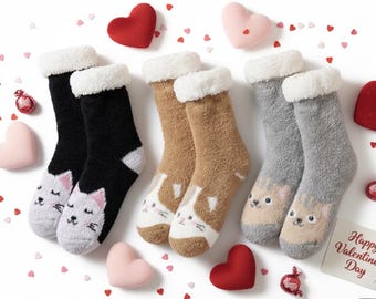 Cozy Animal Slipper Socks with Grippers • Plush Fleece Lined Winter House Socks • Cute Valentine’s Day Gift for Her • Non-Slip Fuzzy Socks