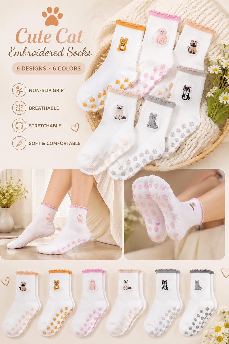 Puede incluir: Seis pares de calcetines blancos al tobillo con dise&ntilde;os de gatos bordados y pu&ntilde;os con volantes de colores. Cada par incluye agarres antideslizantes con forma de huella en las suelas. El texto en la imagen dice Cute Cat Embroidered Socks, 6 Designs, 6 Colors, Non-Slip Grip, Breathable, Stretchable, Soft & Comfortable.