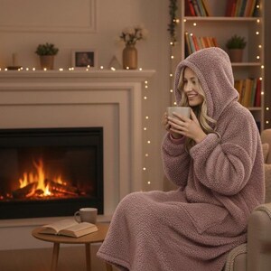 Cozy Plush Sherpa Blanket Hoodie | Soft Fuzzy Oversized Snuggie | Wearable Blanket with Sleeves | Gift for Teens and Adults,Couples Gift Mauve