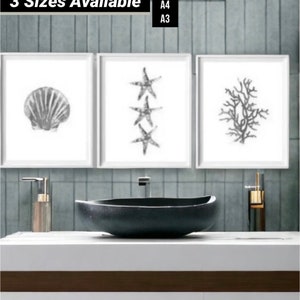 May include: Three black and white framed prints of a seashell, three starfish, and a coral branch. The prints are hanging on a grey tiled wall above a black stone sink.