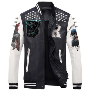 May include: Black and white varsity jacket with a black body and white sleeves. The jacket features a Grim Reaper patch, silver studs, and zipper pockets. The sleeves have graphic art and the letter "R".