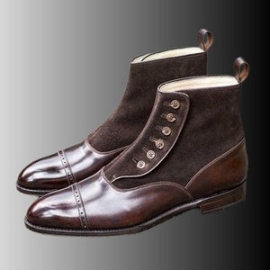 Luxury Button-Up Suede Handcrafted Patent Cap Toe Genuine Cowhide Leather Men's Personalized Formal Ankle Boots