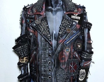 Gothic Brando Handmade Steampunk Spiked Studs Cowhide Leather Lapel Collar Patches Punk Jacket
