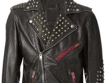 Brando Multi Studs Chaqueta Punk Cosida a Mano, Hecha a Pedido Chaqueta de Motociclista con Cinturón de Cintura, Chaqueta de Charreteras de Hombro de Moda de Piel de Vaca para Hombres,