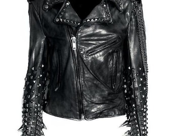 Chaqueta punk de clavos con púas de metal pesado hecha a mano, chaqueta gótica de cuero de vaca para motociclistas de cuero de vaca para motociclistas personalizada,
