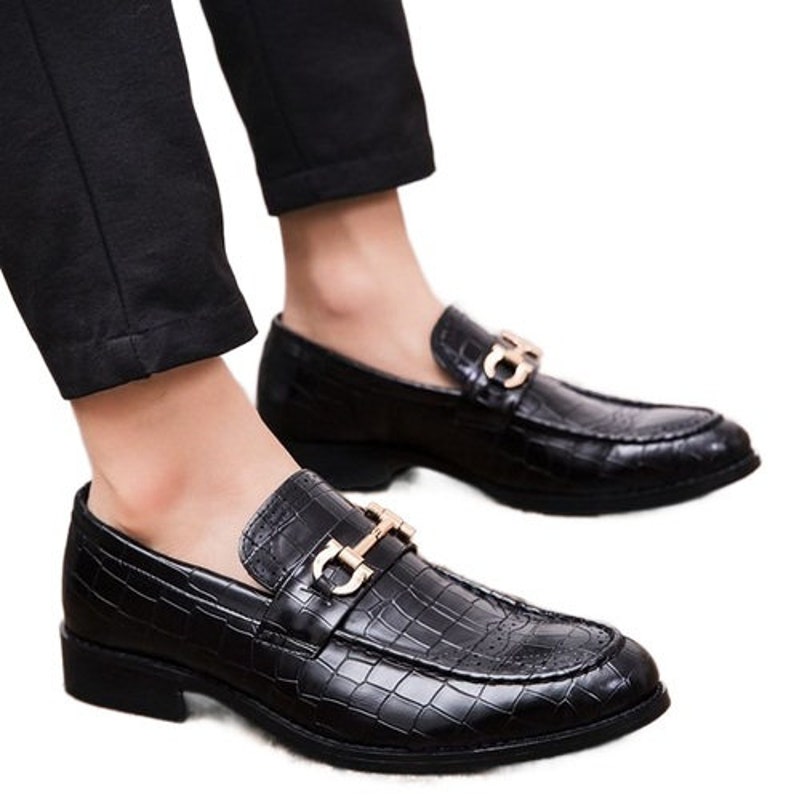 Royal Black Patent Crocodile Texture Apron Toe Real Cowhide Leather ...