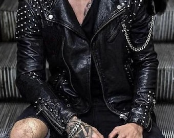 Bikers Hombro Charreteras Brando Silver Spiked Cuero Genuino Hecho a mano Collar Tachuela Chaqueta