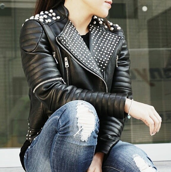 Handmade Womens Black Fashion Studded Punk Style Leather Jacket