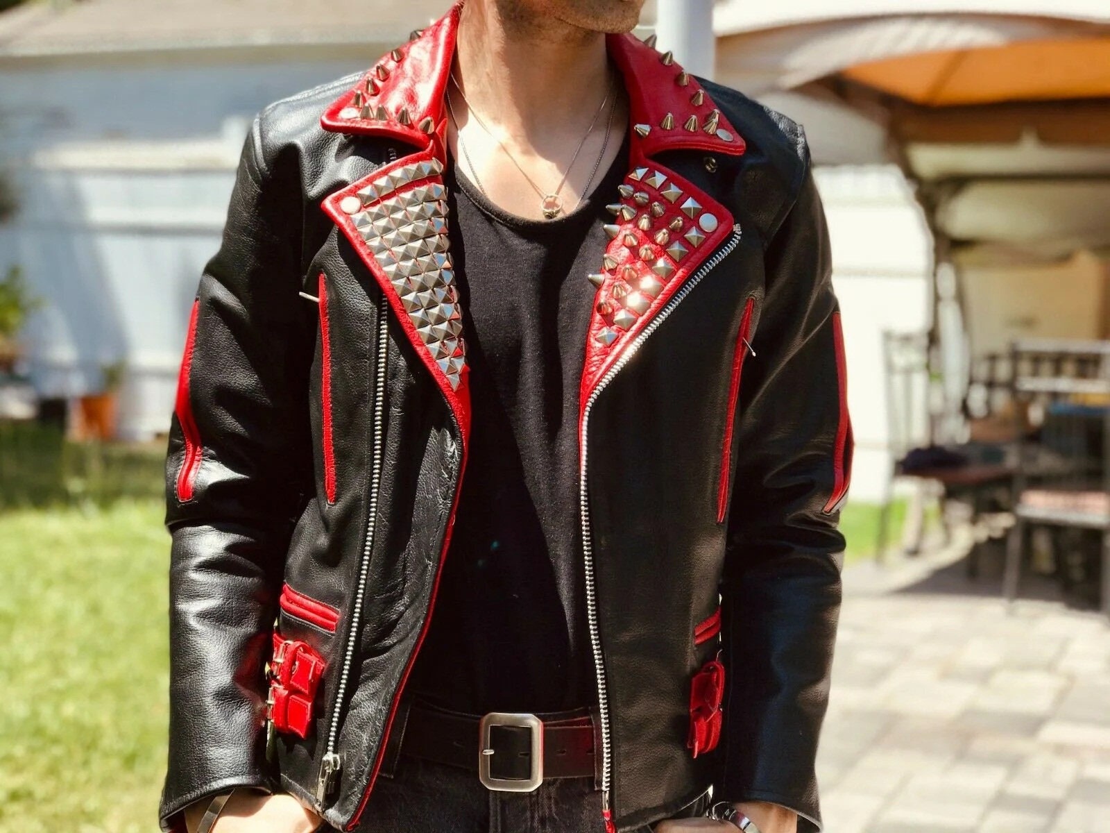 Men Black Leather Jacket With Golden Chain