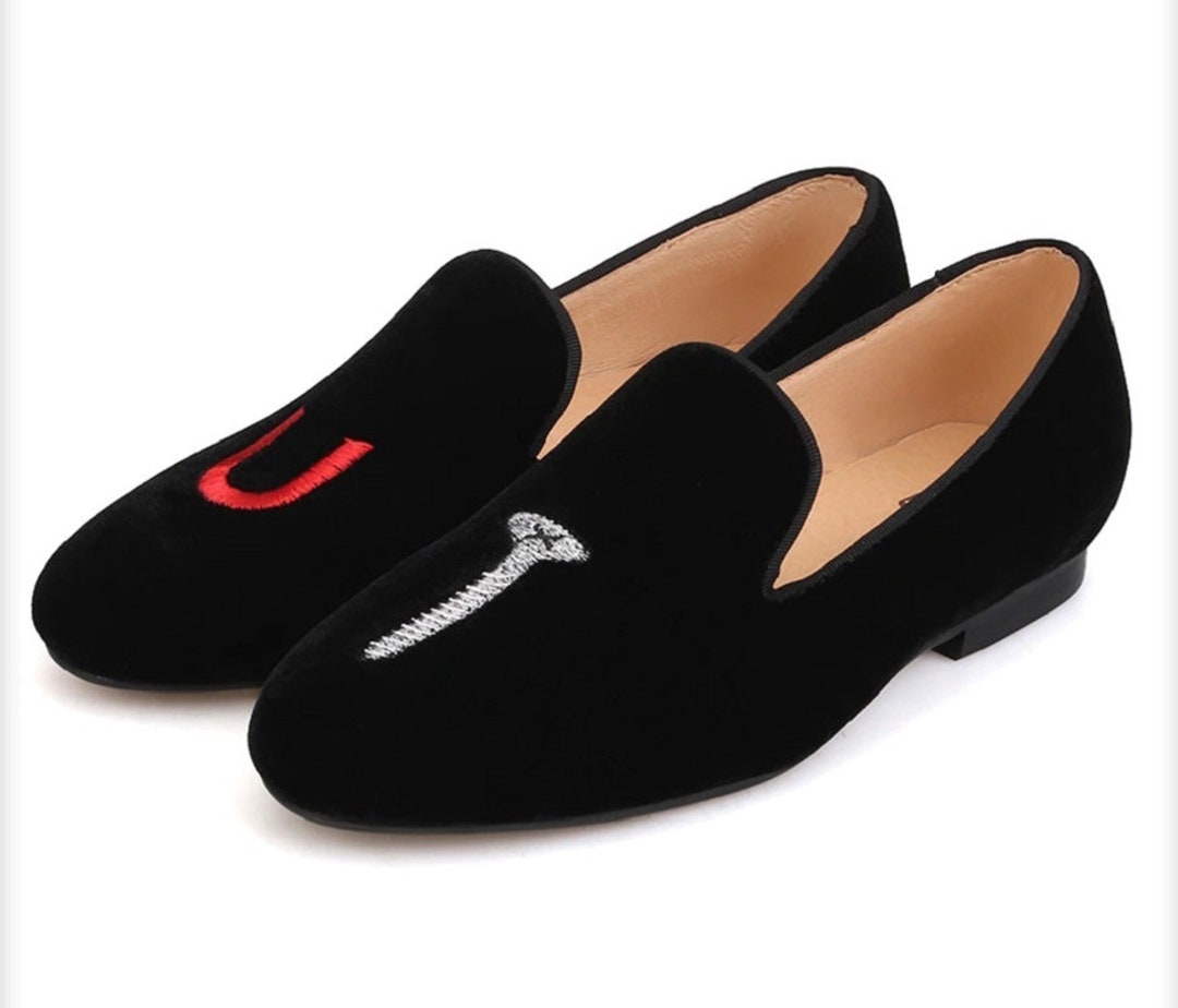 Black Velvet Loafer Screw U Embroidery Cow Skin Suede Leather - Etsy