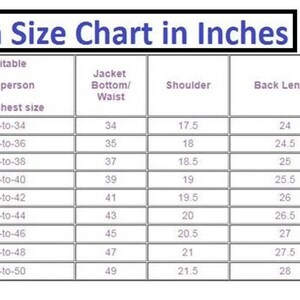 Puede incluir: Una tabla de tallas de chaquetas para hombre, que muestra medidas en pulgadas. La tabla incluye tallas de XXS a 4XL, detallando medidas de pecho, cintura, hombro, largo de espalda, largo de manga y pu&ntilde;o. El texto "Men Size Chart in Inches" est&aacute; en la parte superior.
