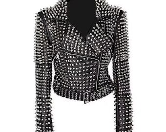 Chaqueta de cuero de vaca con tachuelas para mujer, estilo motero punk con pinchos, al estilo Brando.