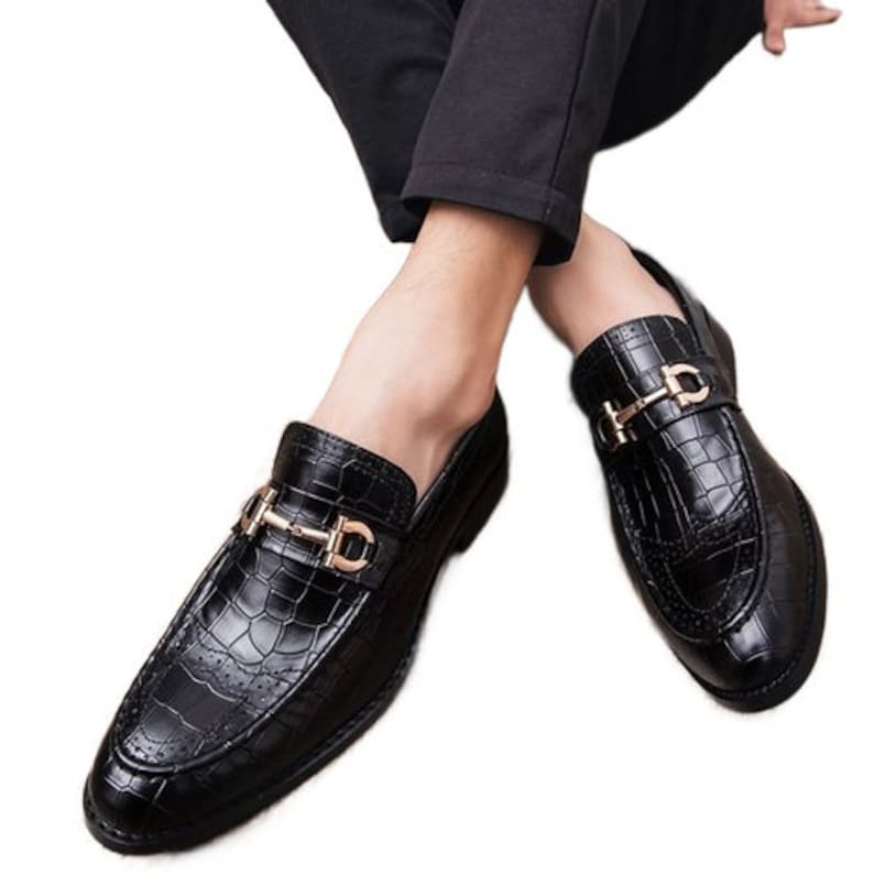 Royal Black Patent Crocodile Texture Apron Toe Real Cowhide Leather ...