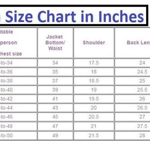 May include: A size chart for men's jackets, with measurements in inches. The chart includes sizes from XXS to 4XL, detailing chest, waist, shoulder, back length, sleeve length, and cuff measurements. The text "Men Size Chart in Inches" is at the top.