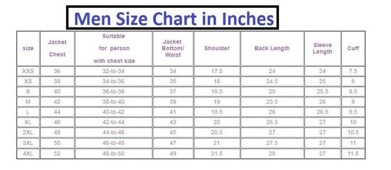 May include: A size chart for men's jackets, with measurements in inches. The chart includes sizes from XXS to 4XL, detailing chest, waist, shoulder, back length, sleeve length, and cuff measurements. The text "Men Size Chart in Inches" is at the top.