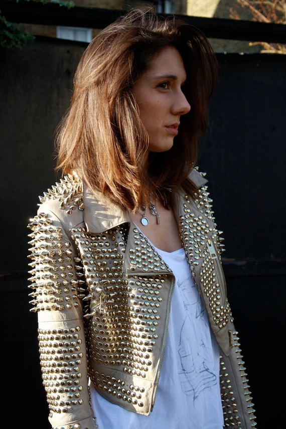 Handmade Women's Motor Bike Fashion Jacket, Real Cow Skin Leather Spiked Studs Jacket, Customize Brando Lapel Collar Punk Jacket,