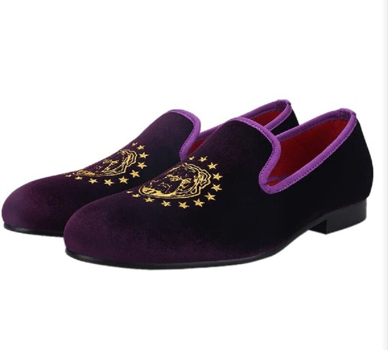 Customize Men's Purple Velvet Party Shoes, Handcrafted Embroidery Loafer Cowhide Suede Leather hotsell Shoes,