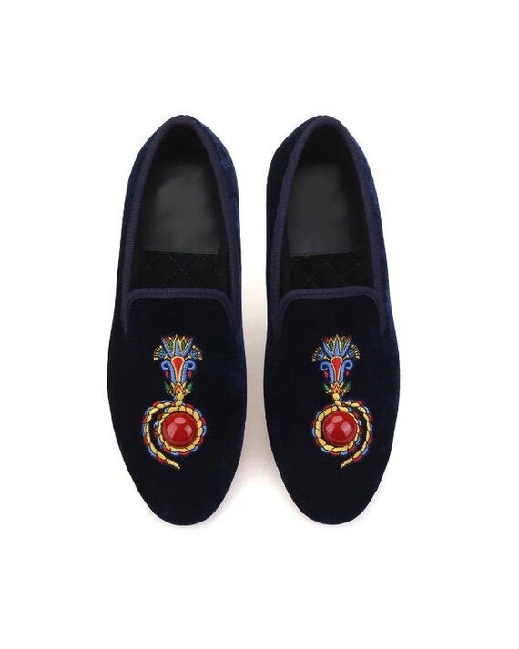 Royal Velvet Embroidery Slip On Formal Shoes, Handcrafted Loafer Men's Personalized Cowhide Suede Leather Shoes,