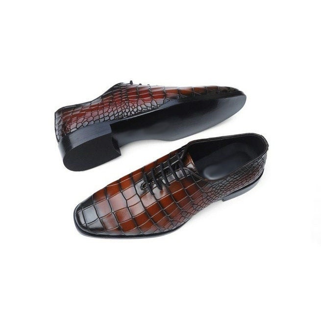 Luxury Handcrafted Crocodile Pattern Brown Patent Lace-up 