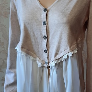 Vintage cardigan, beige with a floaty cream hem . vintage cardigan\vintage jacket\sweater\vintage knitwear\boho cardigan\