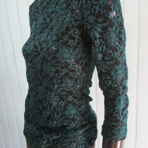 Retro semi sheer lace top in black and emerald green.   vintage top\lace top\evening top\party top\