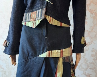 Vintage skirt and jacket, black with lime green and red trim,  . suit\vintage suit\skirt suit\formal\office wear\jacket\ skirt