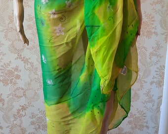 Lime green wrap \ sarong in lime green and yellow.  vintage scarf\vintage wrap\beach cover up\beach sarong\