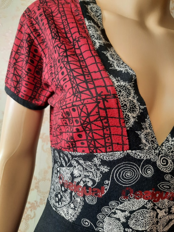 Vintage Desigual Dress in Black and Red With a Vneck Back and