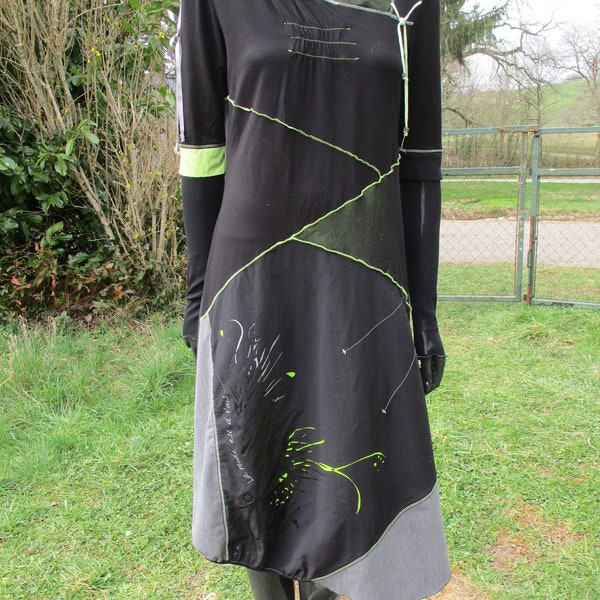 robe vintage en noir et vert citron, robe vintage\robe rétro\robe bohème\robe noire\robe décontractée\