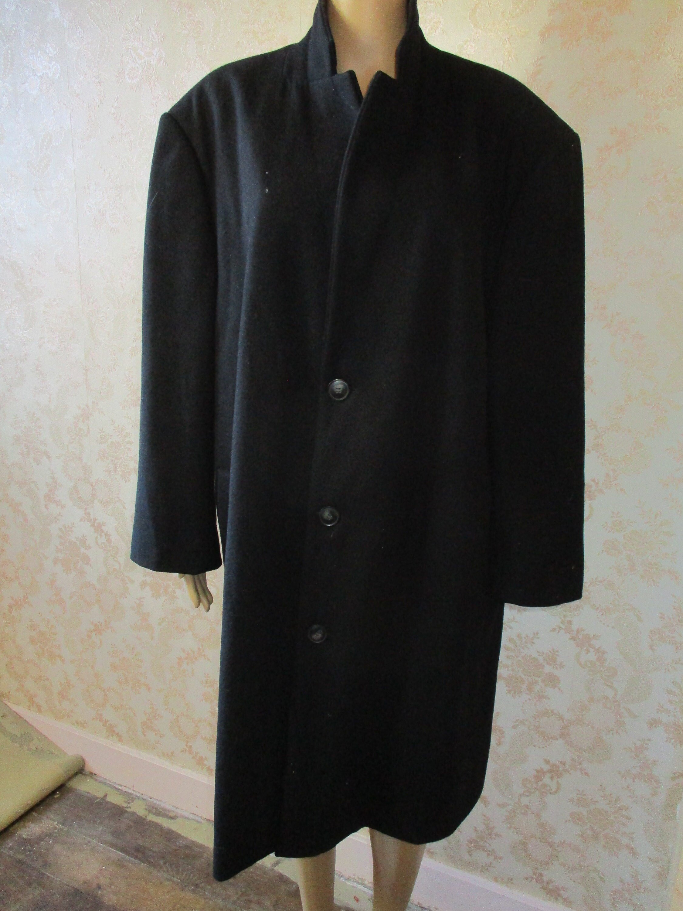 Men'S Notched Long Wool Blend Trench Coat Single Breasted