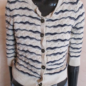 Cardigan, Navy and cream stripes. vintage cardigan\vintage knitwear\striped cardigan\vintage jacket\knitwear\navy cardigan