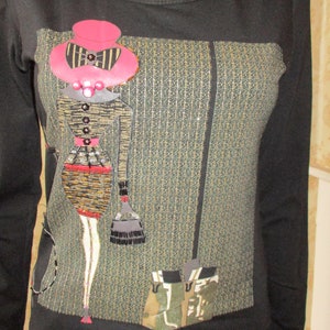 Vintage long sleeved top, black with model motif.  vintage tee shirt\vintage top\retro top\boho top\funky top\mini dress