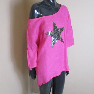 Pinkfarbenes Leinen-T-Shirt mit silbernem Stern-Motiv.   Vintage t Shirt, Vintage Top, Rosa Top, Plus Size Top, Boho t shirt
