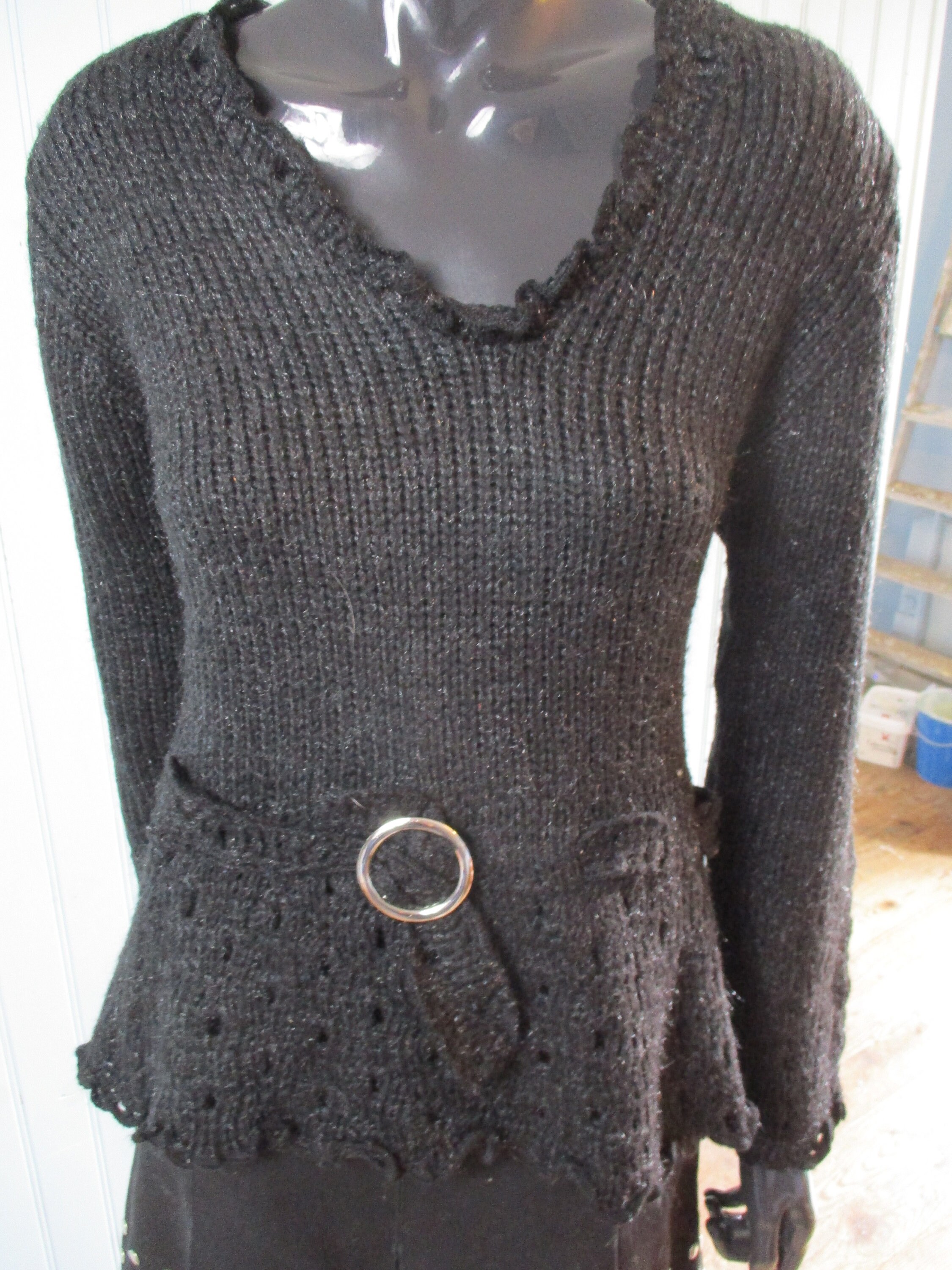 CatsCoolClothes Vintage Black Sweater with Silver Coloured Faux Belt, Asymmetric Neck, Pretty Scalloped Acrylic. Made in France, by Amy Go.