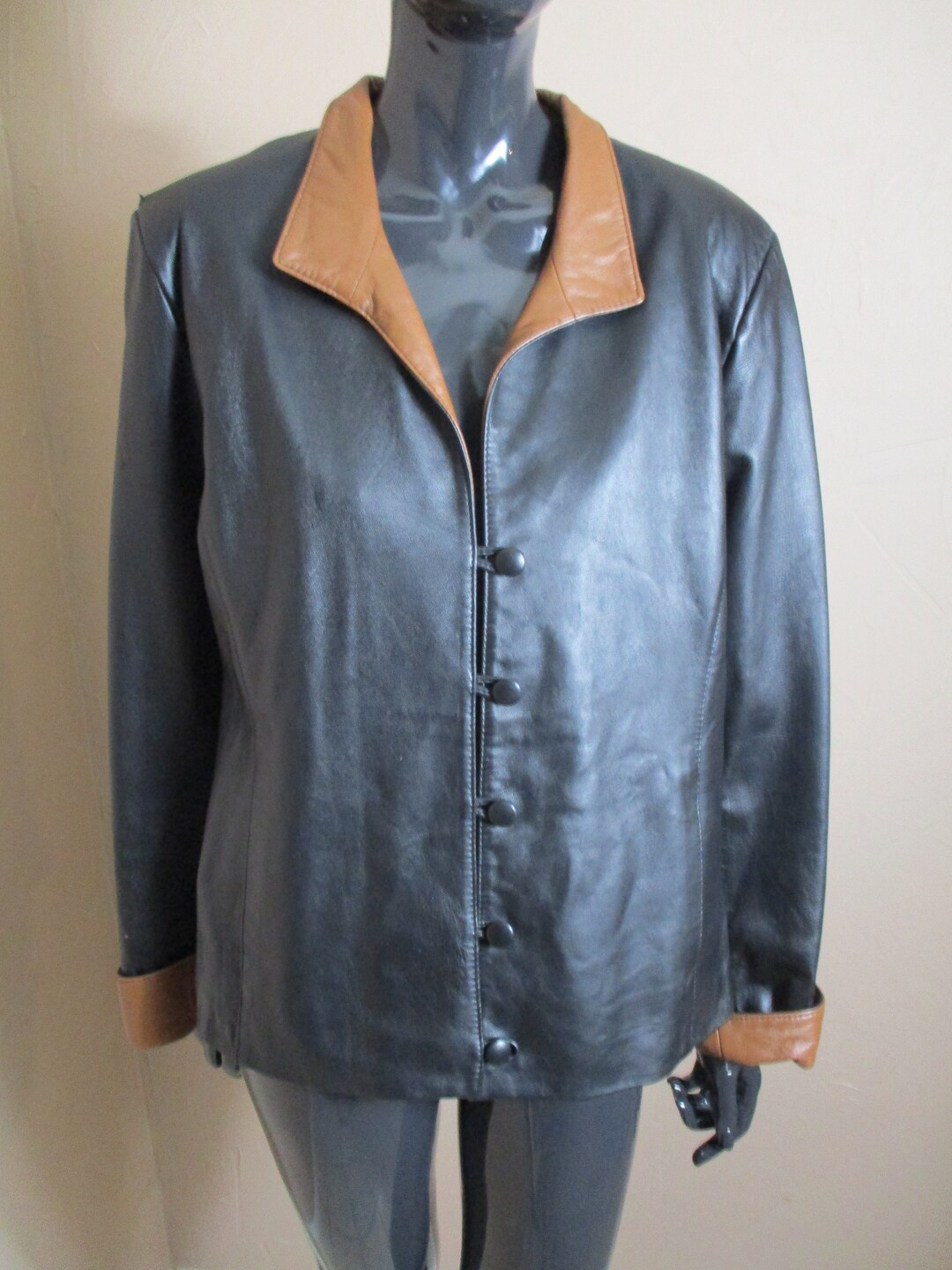 Vintage Leather Jacket Made From Black Leather/tan Lambskin. Vintage