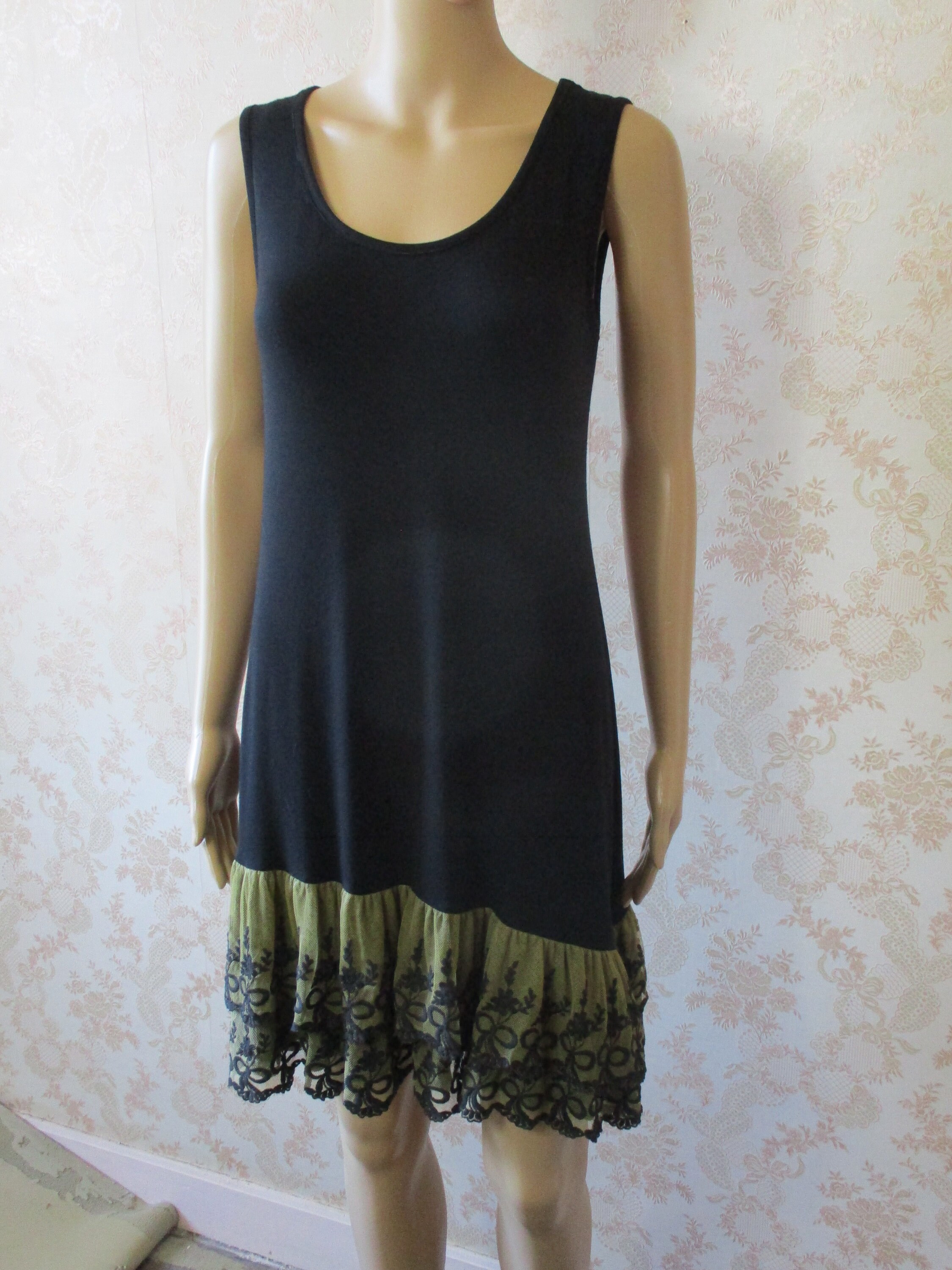 Black Tee Shirt Dress With Lace Hem. Vintagetee Shirt Etsy