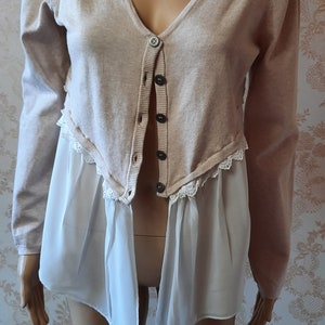 Vintage cardigan, beige with a floaty cream hem . vintage cardigan\vintage jacket\sweater\vintage knitwear\boho cardigan\