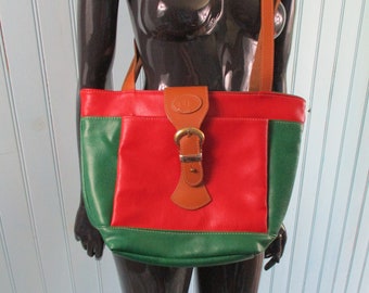 Vintage leather shoulder/cross body bag. Green and red.  vintage bag\vintage purse\cross body bag\shoulder bag\purse