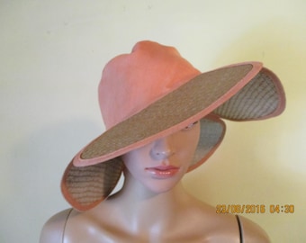 Zonnehoed van perzikkatoen en stro.  vintage\strohoed\zonnehoed\perzikhoed\zomerhoed\casual hoed\vintage hoed\bohohoed