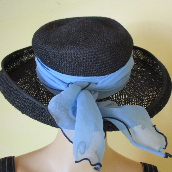 Canotier de paja negro con banda de sombrero azul. sombrero vintage\sombrero de paja\sombrero negro\sombrero de verano\sombrero retro