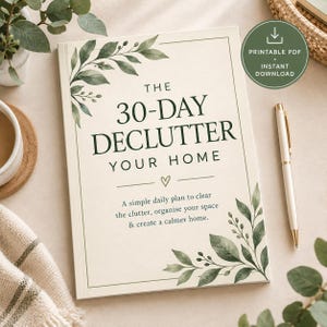 Può includere: Un libretto rettangolare con copertina color crema decorata con illustrazioni di foglie botaniche verde scuro negli angoli. Il testo recita THE 30-DAY DECLUTTER YOUR HOME, seguito da A simple daily plan to clear the clutter, organise your space & create a calmer home. Una piccola icona a forma di cuore è centrata sotto il titolo.