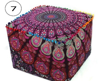 New Indian Handmade Mandala Square Pouf, Shower Pouf, Ottoman Pouf, Floor Cushion