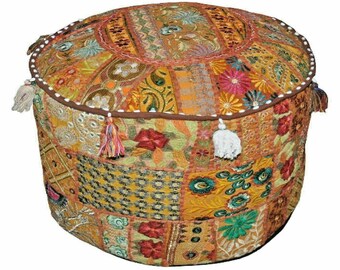 Indian Handmade Round Patchwork Pouf StoolOttoman Handcrafted Floor Pillow